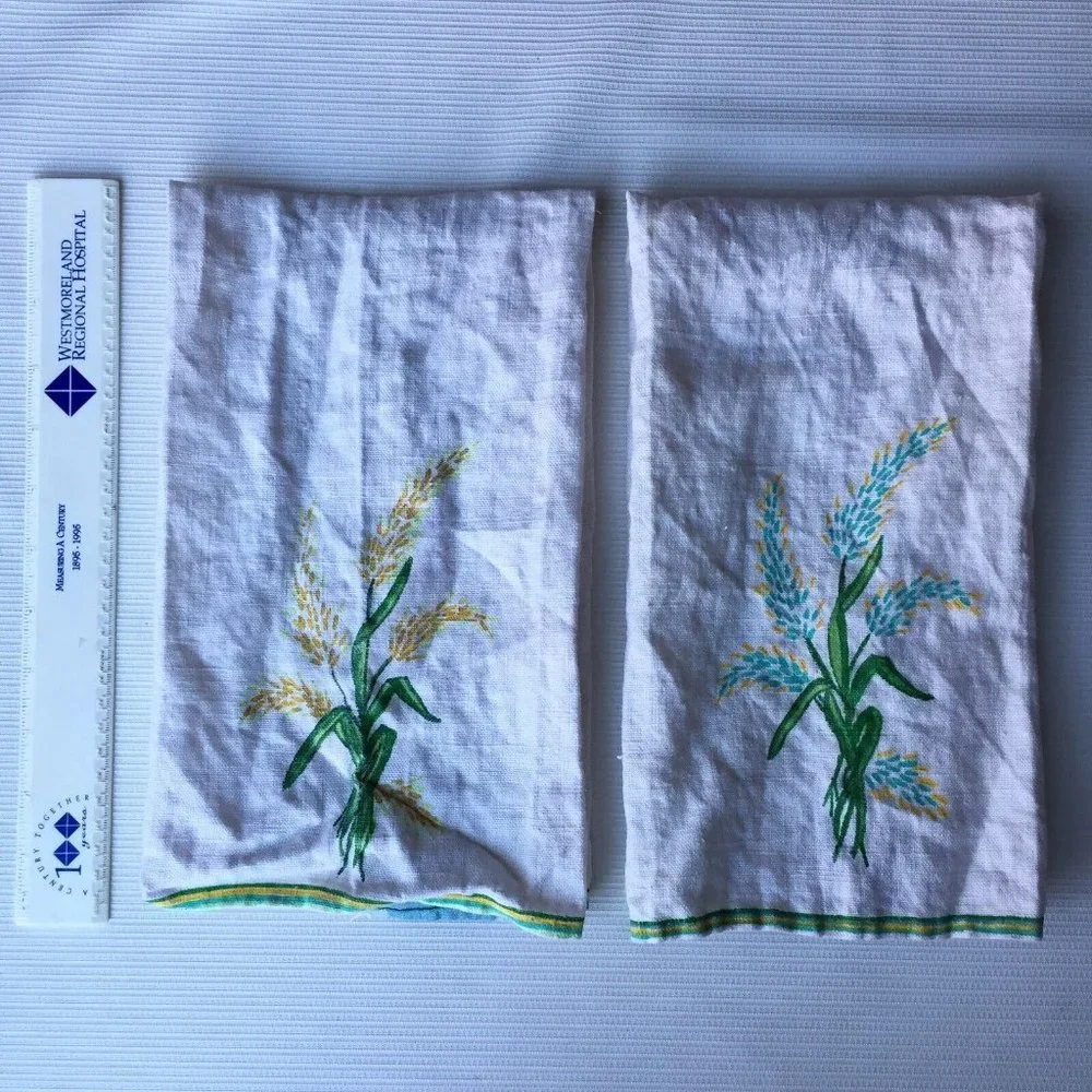 2 Vintage Linen Kitchen Dish Towel Fabric Corn Plant Art Farm Country Rustic